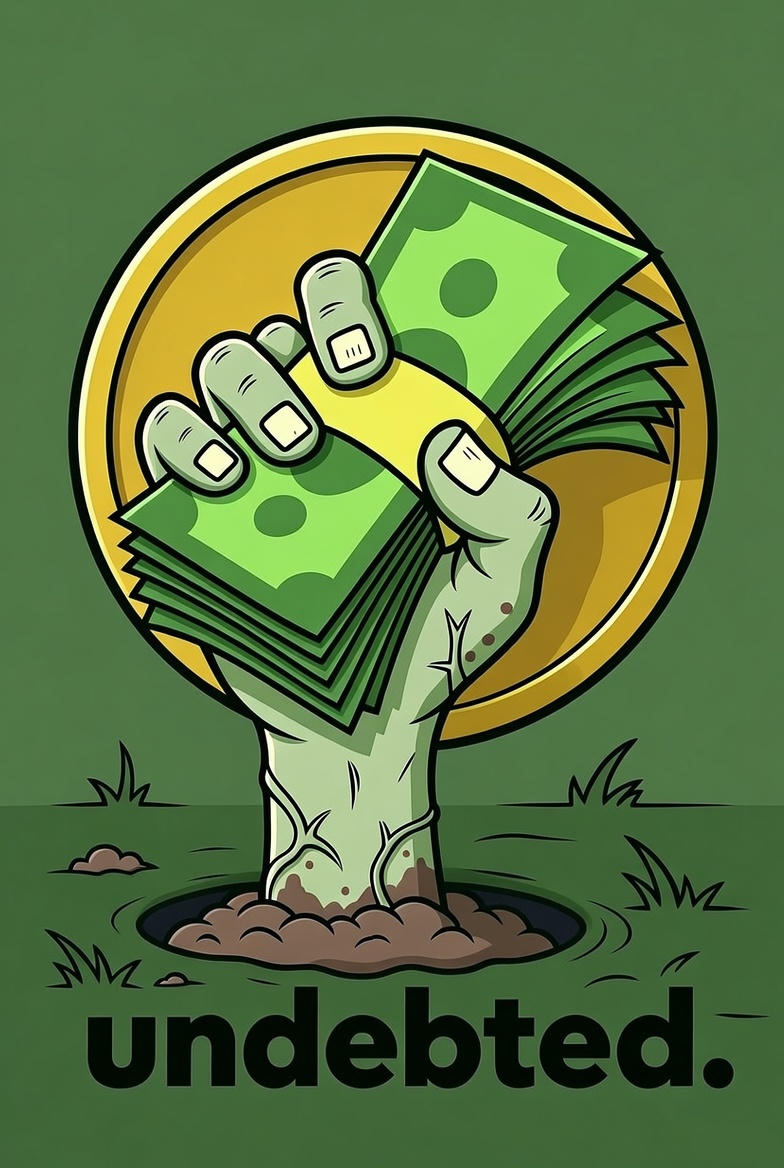 undebted token - zombie hand holding money rising from ground